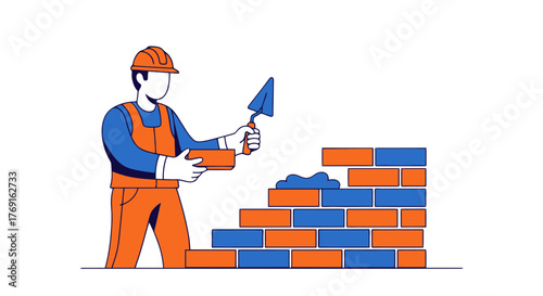 Bricklayer Constructing a Wall: A Vector Illustration with Builder and Construction Elements