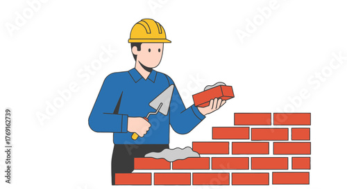 Builder Constructing Brick Wall With a Trowel, Representing Construction Process