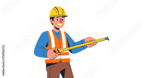 Builder Measuring with Yellow Tape Construction Professional on Black Background Illustration