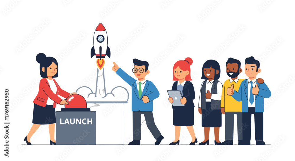 Obraz premium Business Team Launches Rocket, Symbolizing Startup Success and Company Growth