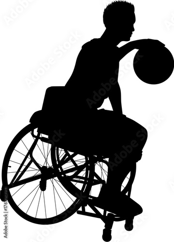 Silhouette of male athlete man in sports wheelchair basket baller basketball player.