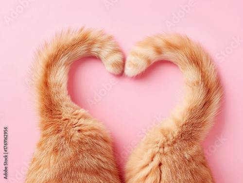 Two orange cats sit facing away from each other, their fluffy tails intertwining to form a heart shape on a soft pink background, showcasing their adorable companionship.