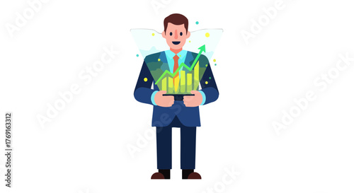 Businessman Displaying Profitable Growth Charts and Financial Data against a Darkened Backdrop