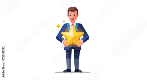 Businessman Holding a Golden Star, Achieving Success and Gaining Recognition