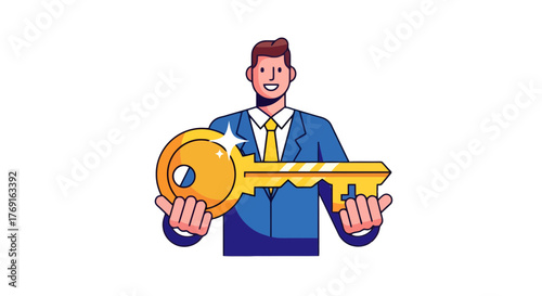 Businessman Holding Golden Key Illustrating Success, Achievement, and Unlock of New Opportunities