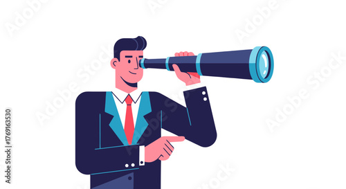 Businessman Searching With Telescope Against Black Background Showing Innovation Exploration