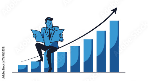 Business Analyst Reading Financial Reports on Ascending Charts and Financial Growth Projection