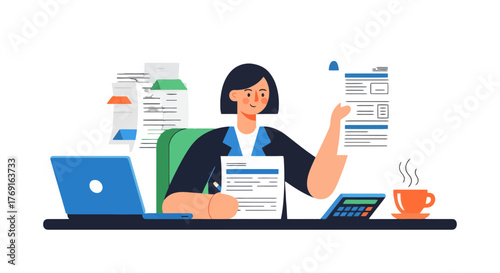 Businesswoman At Desk Analyzing Documents In A Modern Digital Office Illustration