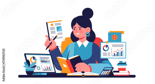 Businesswoman At Work Analyzing Financial Data and Managing Investments With Diagrams