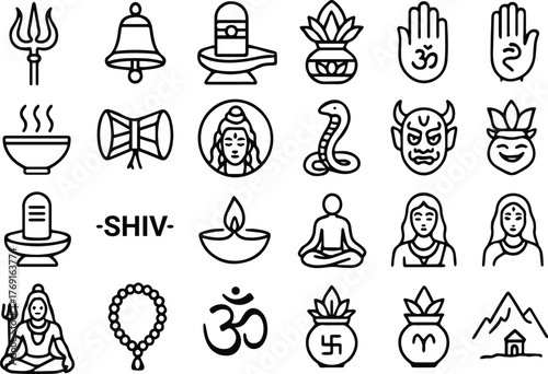 Collection of hindu god shiva symbols and icons for religious and spiritual use