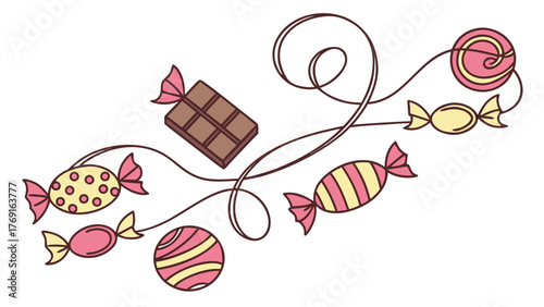 Delicious assortment of colorful candies and chocolate bar playfully arranged with swirling lines, perfect for confectionary promotions and sweet treat designs.
