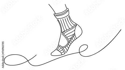 Elegant single line art depicts a stylish socked foot gracefully stepping forward, symbolizing modern movement and fashion.