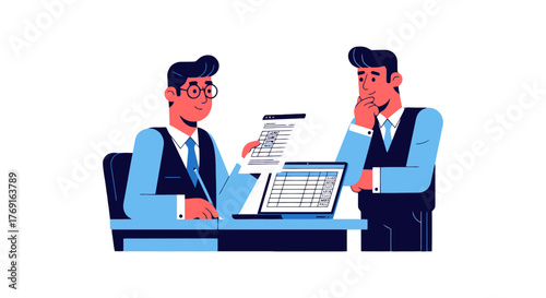 Business Colleagues Examining Data and Figures on Documents and Computer Screens