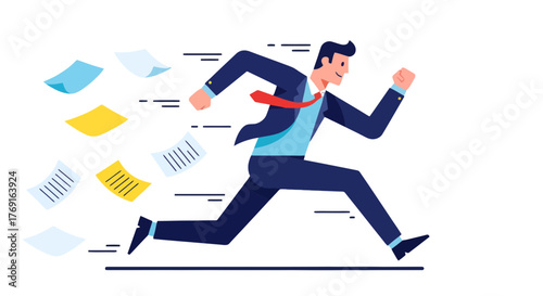 Business Employee Overcoming Challenges and Rushing Through Various Tasks to Succeed