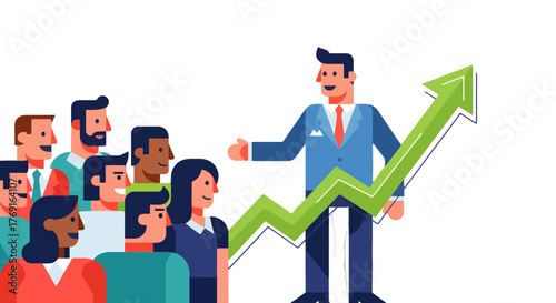 Business Leader Presenting Growth to Audience with Upward Trending Arrow