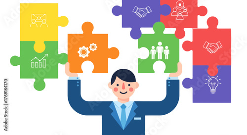 Business Man Assembling Teamwork Puzzle For Achieving Success In The Company