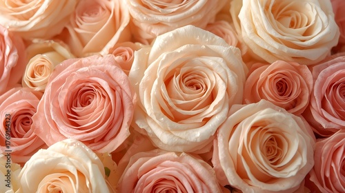 Close-up view of delicate blush pink and cream roses with soft petals, symbolizing love and beauty