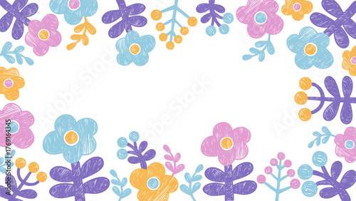 Floral Poster. Crayon Bright Flowers, Berries and Plants. Textured Hand-Drawn Chalk Drawing. Pattern Frame Horizontal Banner with Empty Space. Vector illustration. Not AI
