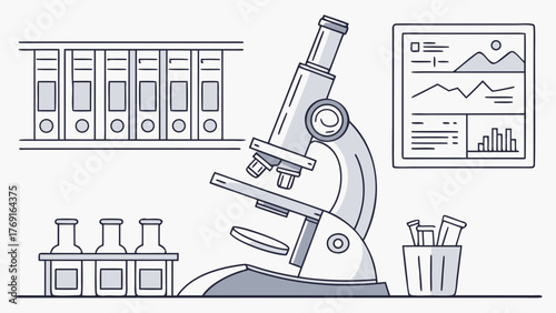 Modern science laboratory setup with microscope, test tubes, binders, and data charts inspires discovery and innovation