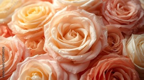 Close-up macro shot of delicate, soft pink and peach roses creating a romantic and elegant floral background