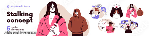 Stalking and surveillance concept set. Stranger, anonymous stalker follow victim on street and on internet. Spying, cyberstalking and espionage. Flat vector illustration isolated on white background
