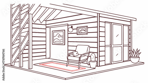 Cozy modern cabin porch scene with armchair, laptop, cactus, and potted plant offers tranquil outdoor living and remote work vibes