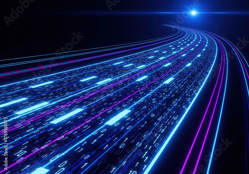 A digital highway with blue and purple neon stripes representing data flow at the speed of light. Technology, cybersecurity, and fast connection concepts.