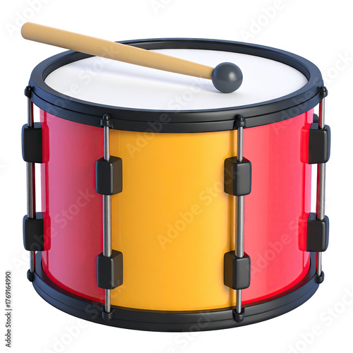 Red and yellow drum with a stick, on black backdrop