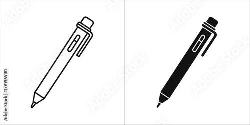 Simple outline and solid black icon of a pen