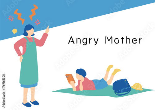 スマホを使いすぎる子供を叱る母親