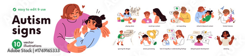 Autism signs set. Child ASD spectrum awareness. Autistic behaviour, cognitive problem symptoms, mental health disorder. Kids development delay. Flat vector illustration isolated on white background