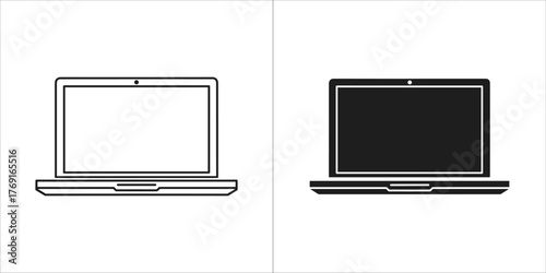 Outline and filled icon of a laptop computer, a portable personal computer