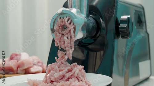 An electric meat grinder grinds pork.