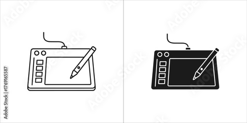 Two icons of a graphics tablet with stylus, one outlined and one solid black
