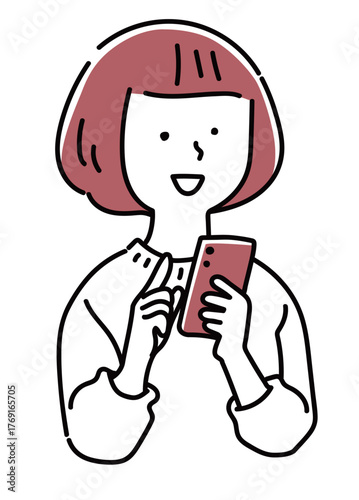 スマホを操作する笑顔の女性のバストアップ_単色