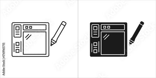 Drawing tablet and stylus icons, one outline and one filled, on a