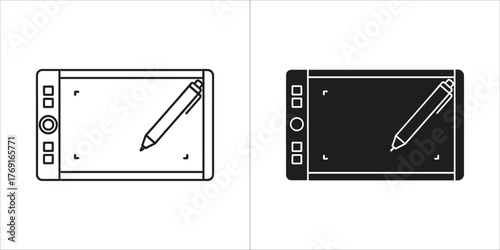 Horizontal drawing tablet and stylus icons, one outline and one filled, on a