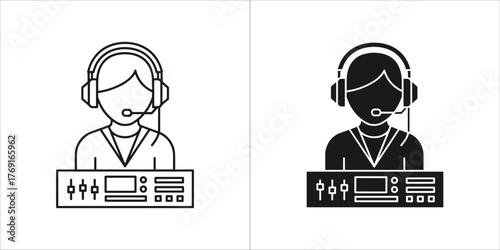 Outline and solid silhouette of a sound technician with headphones and mixer