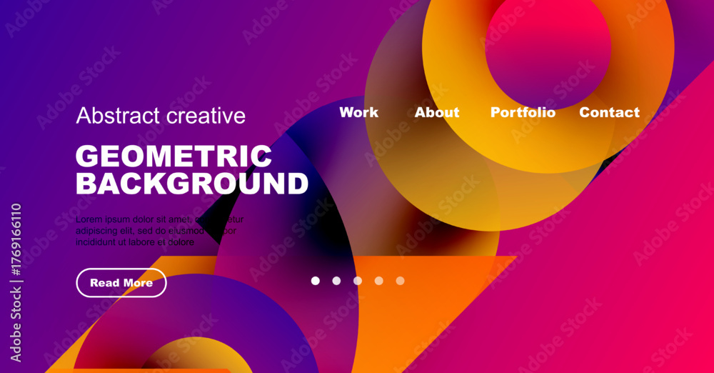 Fototapeta premium Vibrant abstract design. Geometric shapes, purple, magenta, yellow hues dominate composition. Text elements present, website mockup style.