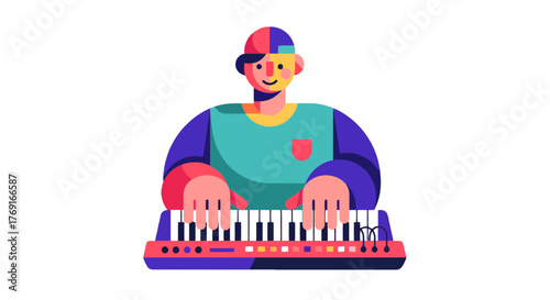 Colorful Illustration of Musician Playing Synthesizer Against Black Backdrop