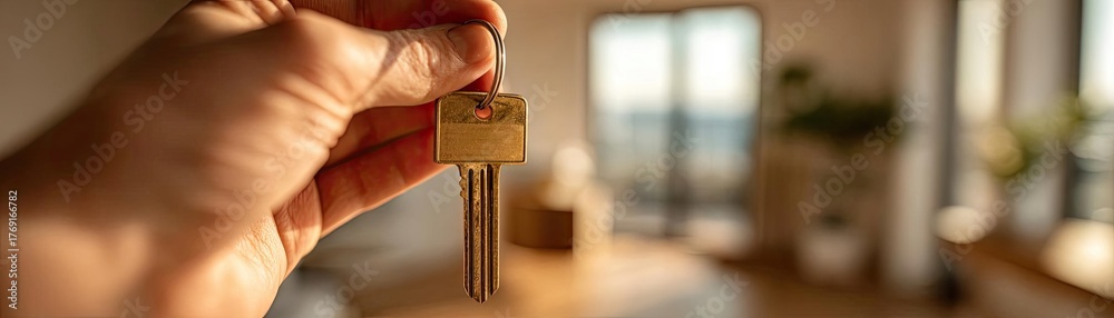 Obraz premium Opening door with golden house key chain on fuzzy interior concept. Hand holding a key, symbolizing new beginnings and home ownership.