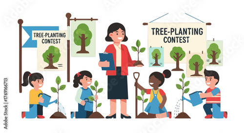 Community Tree Planting Event Featuring Children and Teachers Participating in a Contest