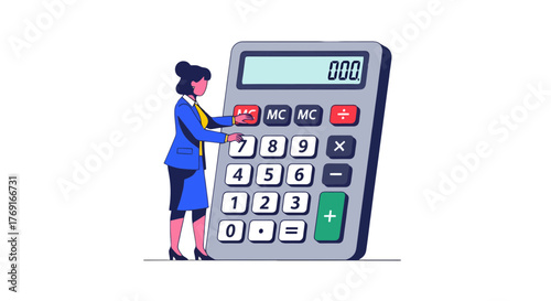 Businesswoman Using Giant Calculator Demonstrating Financial Analysis, Calculations, and Accounting