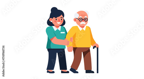 Compassionate Caregiver Assisting Elderly Person, Illustration On Black Background