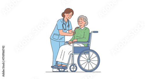 Compassionate Nurse Assisting Elderly Patient in Wheelchair Providing Supportive Care