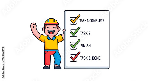 Completed Tasks Illustrated With Cheerful Construction Worker And Check List Ready