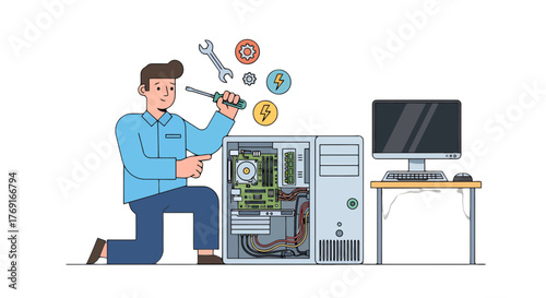 Computer Repair Person Assembling Components with Tools for Maintenance.