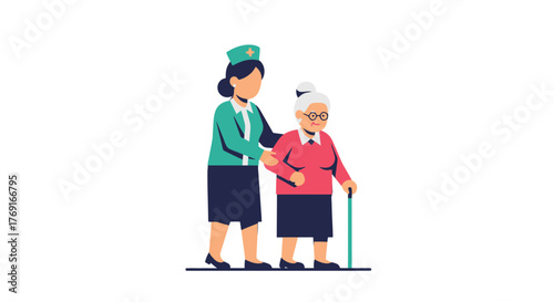 Caring Nurse Assists Elderly Woman with Walk to Enhance Wellbeing and Longevity