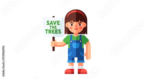 Cartoon Child Advocating For Tree Preservation in Illustration on Black Background