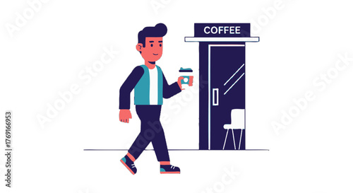 Cartoon Illustration: Man Exiting Coffee Shop With Take Away Beverage in Hand